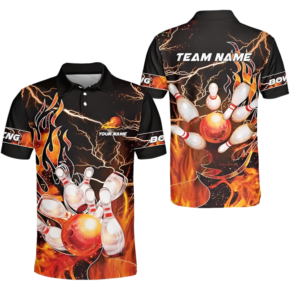 Custom Flame Bowling Polo Shirt For Men, Custom Bowling Team Shirts BZ0178