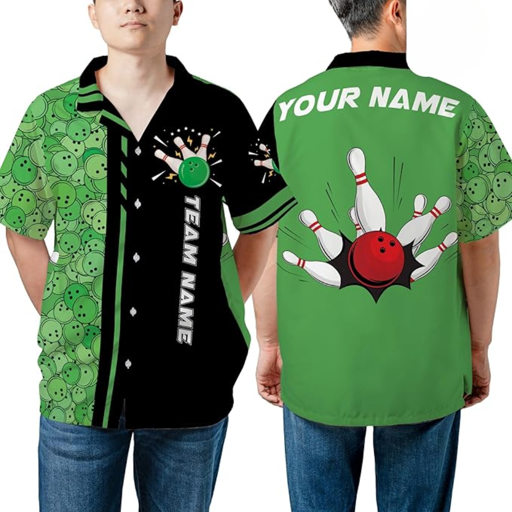 Custom Black And Green Team Bowling Hawaiian Shirt For Men Women, Custom Bowling Shirt BZ0041