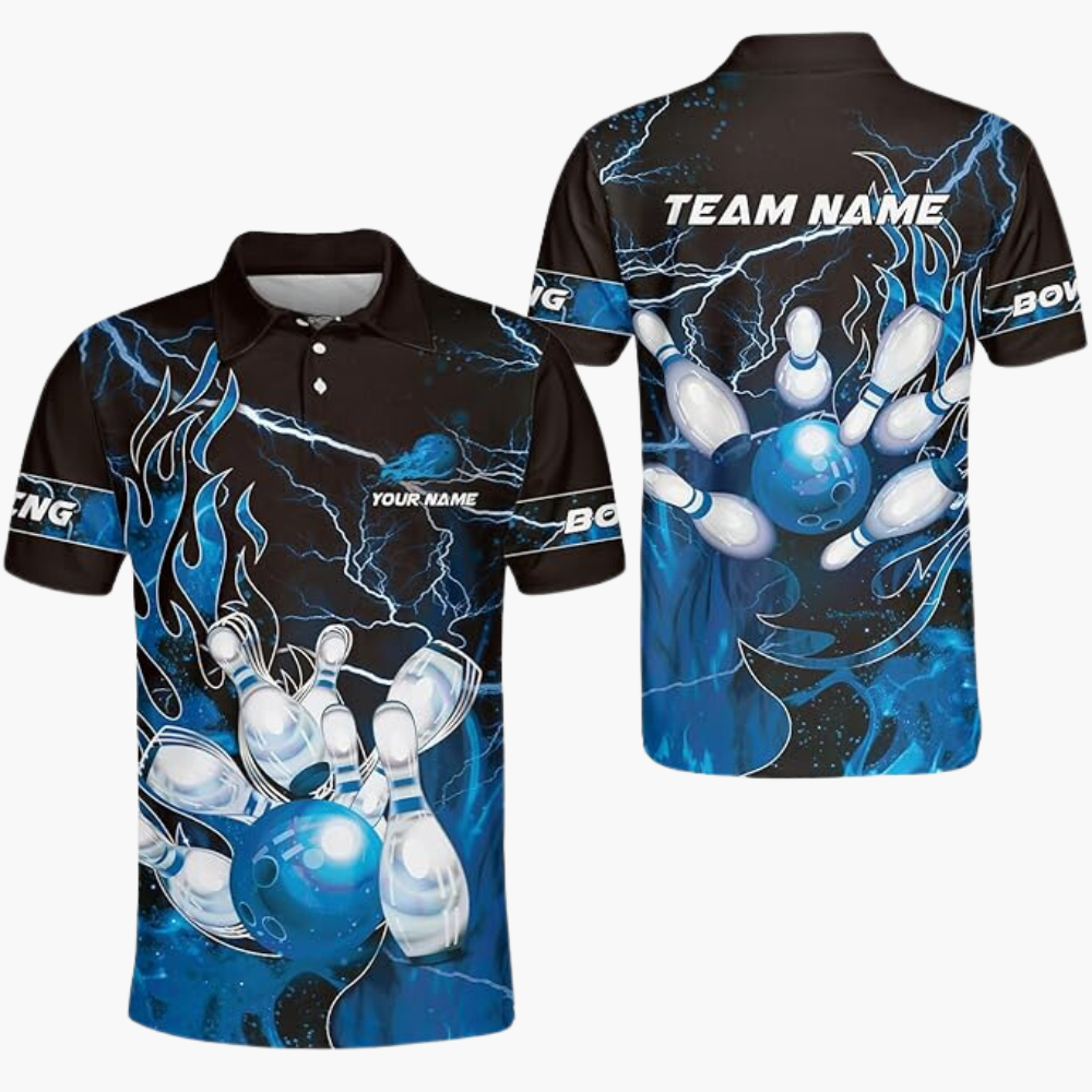 Custom Flame Bowling Polo Shirt For Men, Custom Bowling Team Shirts BZ0178