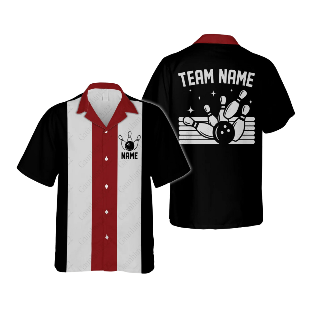 Custom Vintage Black And Red Bowling Hawaiian Shirt For Men, Custom Team Vintage Bowling Shirt BE0025