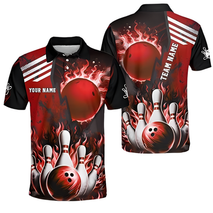 Custom Red Flame Bowling Polo Shirt For Men, Custom Bowling Team Shirts BZ0180