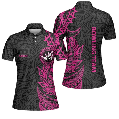 Custom Ladies Bowling Shirts, Custom Pink Tribal Bowling Team Shirts For Women, Custom Ladies Bowling Polo Shirts BZ0212