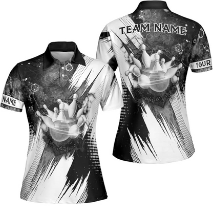 Custom Black And White Team Bowling Polo Shirt For Women, Custom Bowling Shirt BZ0163