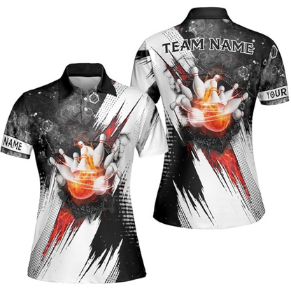 Custom Black And White Team Bowling Polo Shirt For Women, Custom Bowling Shirt BZ0163