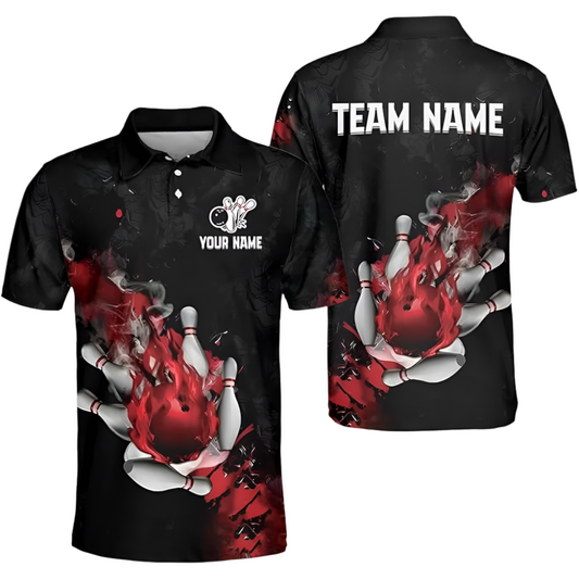 Custom Red Flame Ball Bowling Polo Shirt For Men, Custom Bowling Team Shirts BZ0183