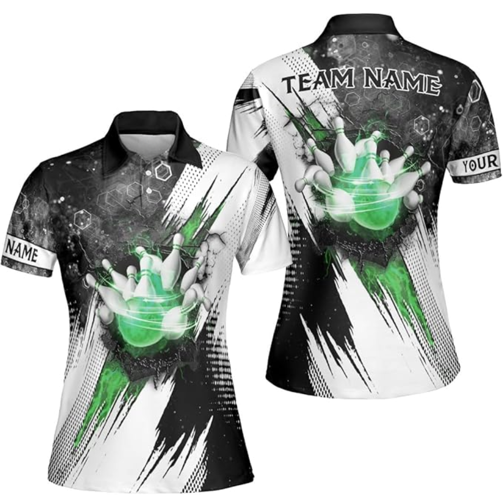 Custom Black And White Team Bowling Polo Shirt For Women, Custom Bowling Shirt BZ0163