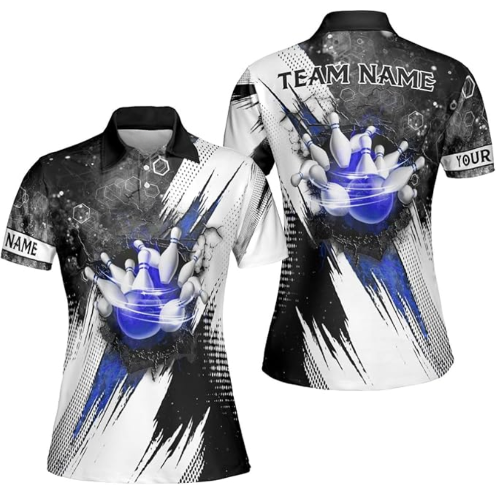 Custom Black And White Team Bowling Polo Shirt For Women, Custom Bowling Shirt BZ0163