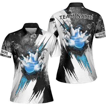 Custom Black And White Team Bowling Polo Shirt For Women, Custom Bowling Shirt BZ0163