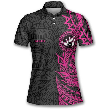 Custom Ladies Bowling Shirts, Custom Pink Tribal Bowling Team Shirts For Women, Custom Ladies Bowling Polo Shirts BZ0212