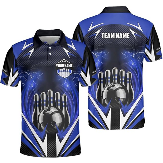 Custom Black And Blue Team Bowling Polo Shirt For Men, Custom Bowling Team Shirt BZ0075