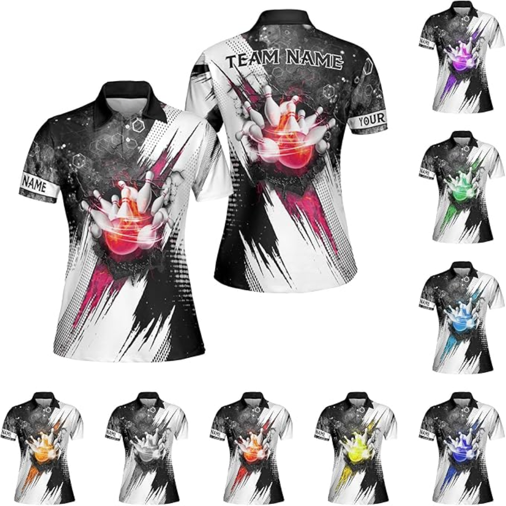 Custom Black And White Team Bowling Polo Shirt For Women, Custom Bowling Shirt BZ0163