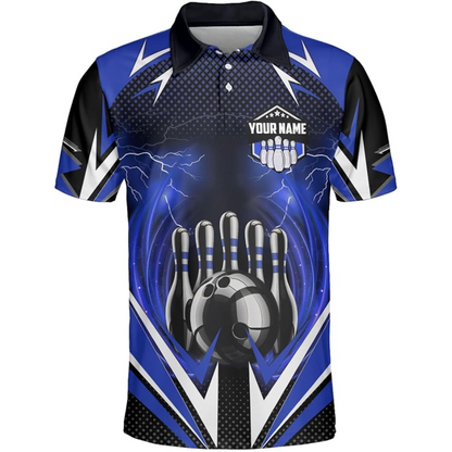 Custom Black And Blue Team Bowling Polo Shirt For Men, Custom Bowling Team Shirt BZ0075