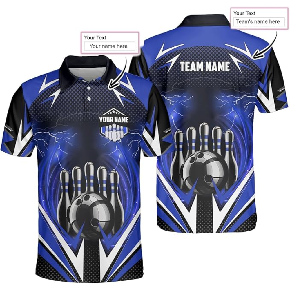 Custom Black And Blue Team Bowling Polo Shirt For Men, Custom Bowling Team Shirt BZ0075