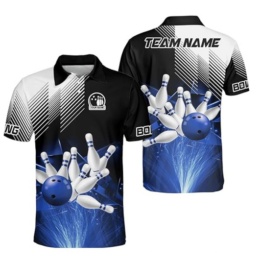 Custom Team Blue And Black Bowling Polo Shirt For Men, Custom Bowling Shirt BZ0164