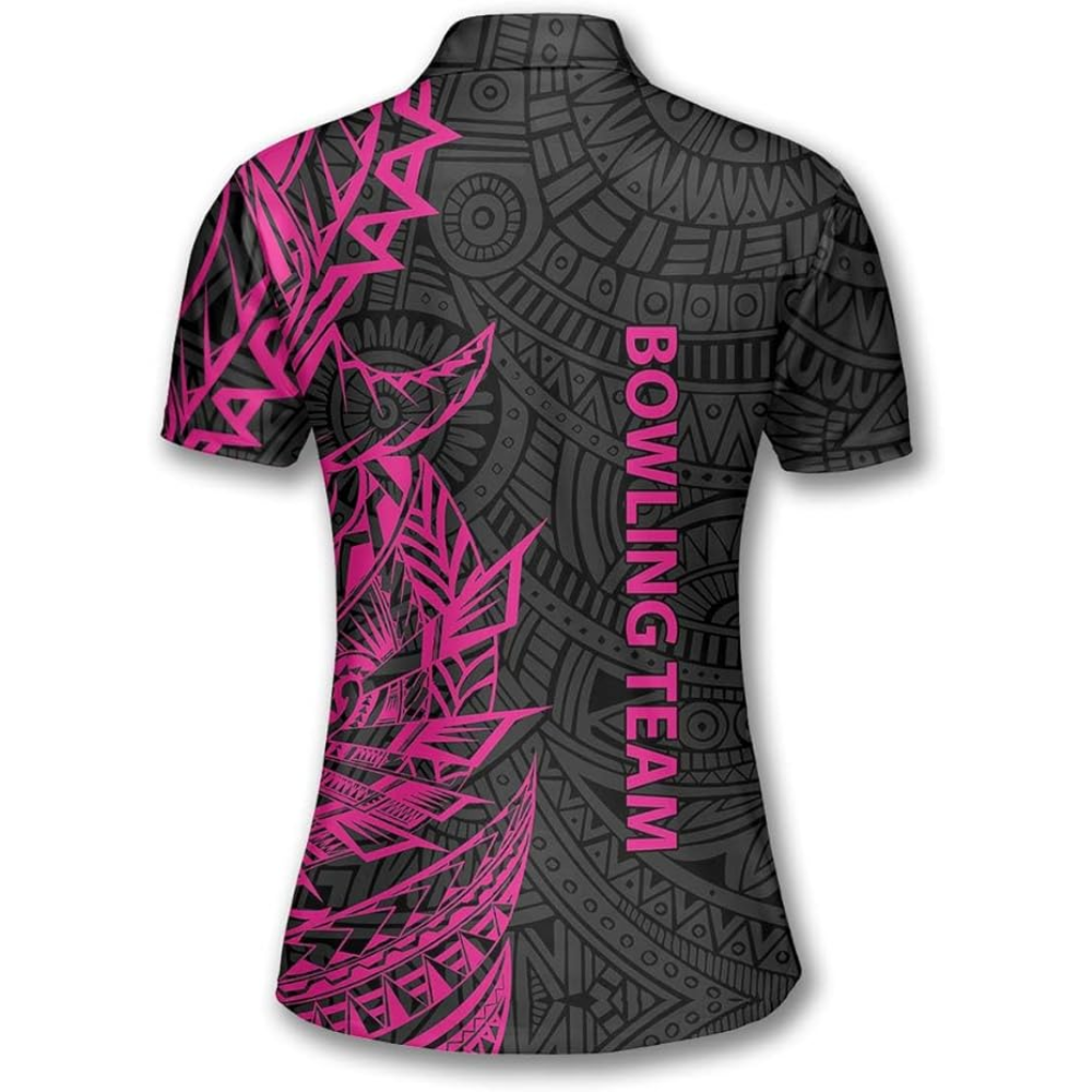 Custom Ladies Bowling Shirts, Custom Pink Tribal Bowling Team Shirts For Women, Custom Ladies Bowling Polo Shirts BZ0212