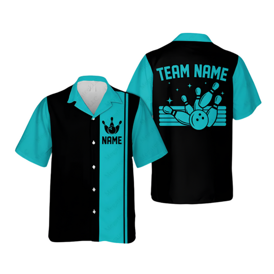 Custom Vintage Bowling Hawaiian Shirt For Men And Women, Custom Team Vintage Black And Teal Bowling Shirt BE0007