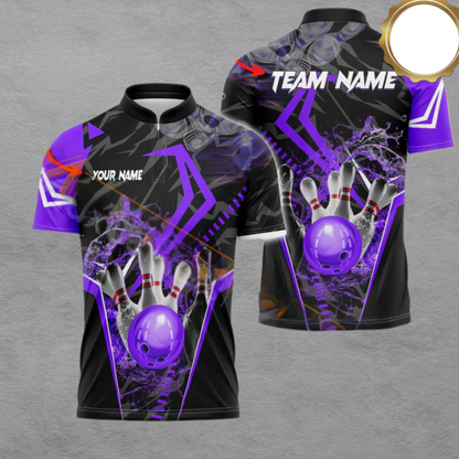 Custom Team Black And Purple Bowling Polo Shirt For Men, Custom Team Bowling Shirt BA0008