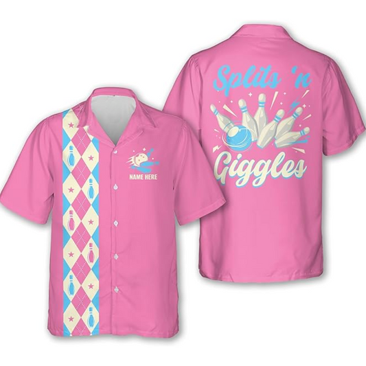 Custom Splits'n Giggles Bowling Hawaiian Shirt For Women, Custom Funny Pink Bowling Shirt HW0179