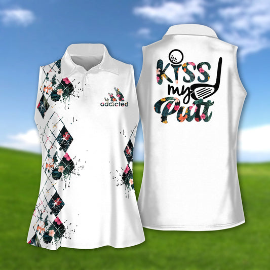 Tropical flower argyle style kiss my putt women short sleeve polo shirt, sleeveless golf polo shirt GY0340