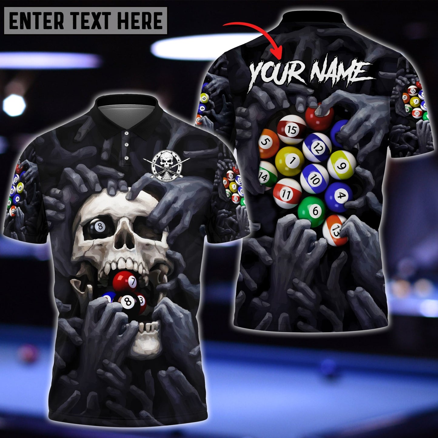 Tendpins Personalized Name Billiard Ball Skull Polo Shirt BIA0131