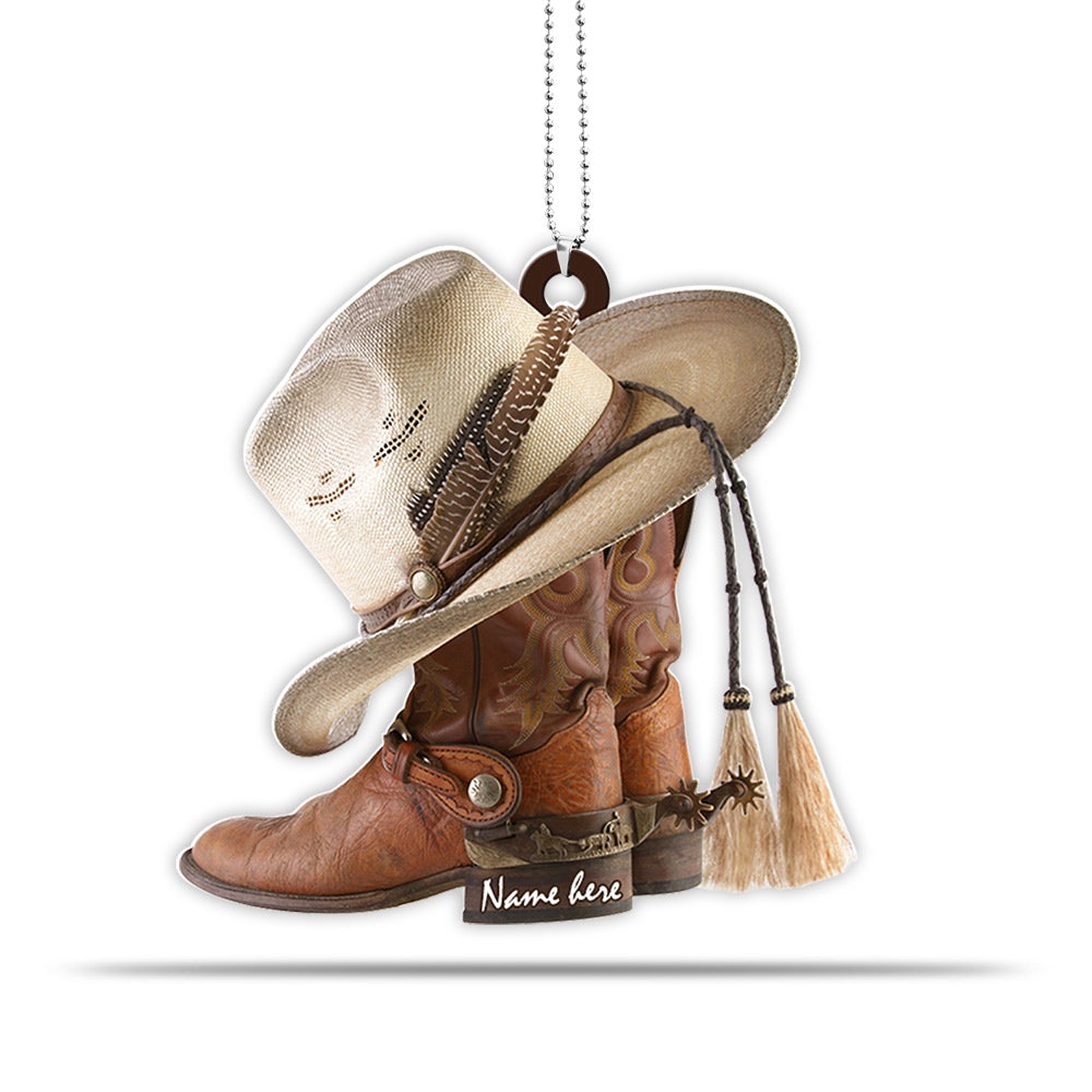 Personalized Boots And Hat Cowboy Flat Acrylic Ornament, Cowboy Car Interior Mirror Hanging Ornaments OO0058