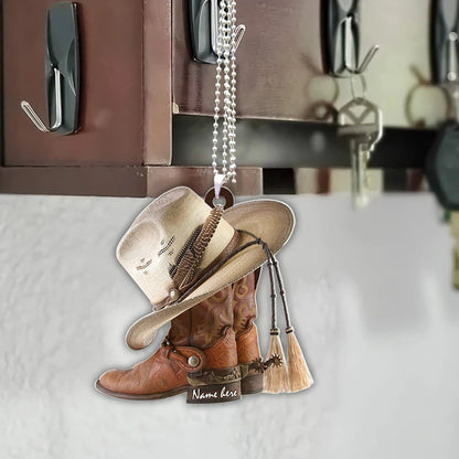 Personalized Boots And Hat Cowboy Flat Acrylic Ornament, Cowboy Car Interior Mirror Hanging Ornaments OO0058