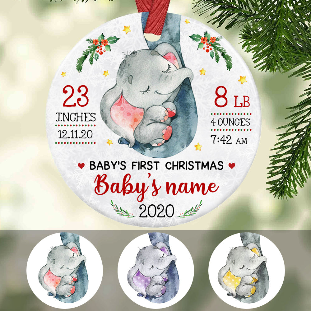 Baby First Christmas Information with Multicolor Elephant Circle Ceramic Ornament SO1158