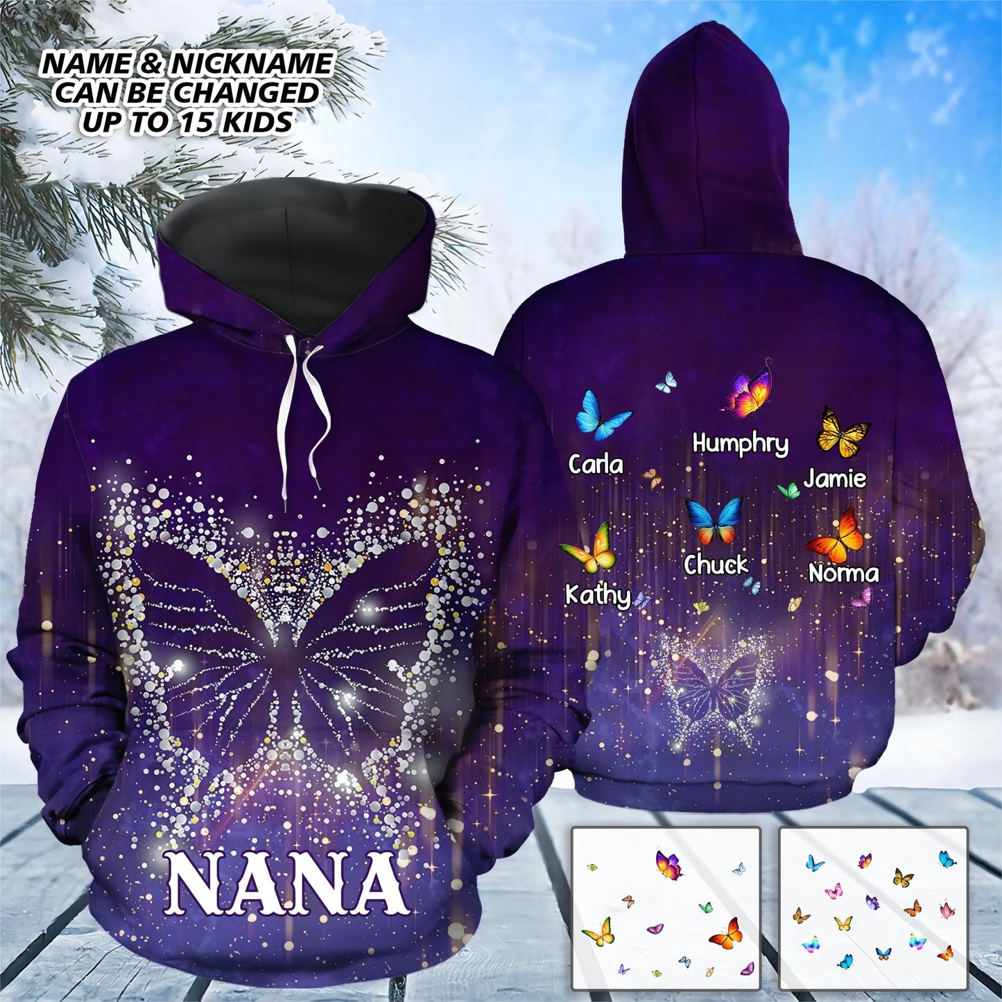 Personalized Butterfly Snowflake Grandma with Kid Name Hoodie, 3D All Over Print Butterfly Mom Kid SO1524