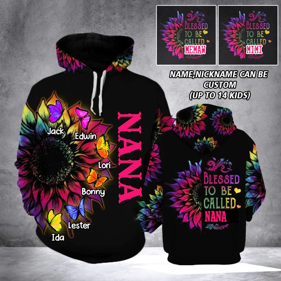 Personalized Blessed to Be Called Grandma Nana Butterfly Hoodie, 3D All Over Print Hoodie For Mom, Family Hoodie SO1532