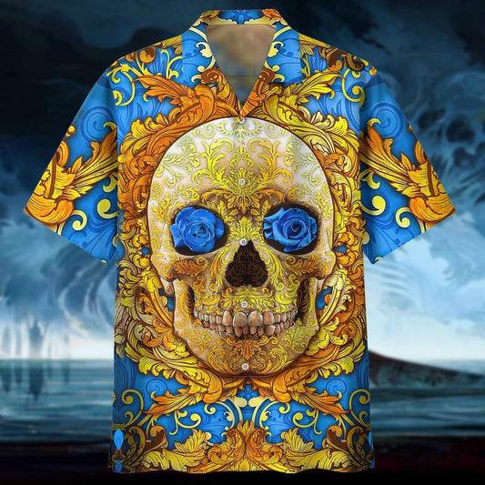 Tendpins 3D Full Printed Hawaiian Shirts With Skull, Blue Flowers Skull Hawaii Aloha Beach Shirts, Skull Hawaiian Shirt HO5140