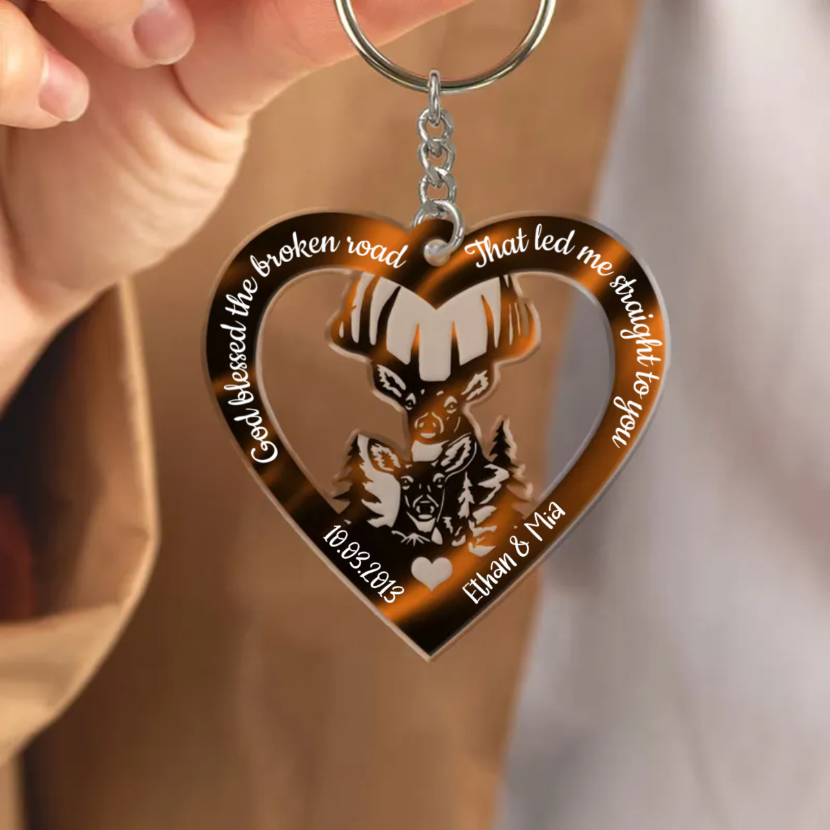 Hologram Heart With Buck And Doe Custom Acrylic Keychain, Personalized Valentine's Day Gift for Him For Her KO0087