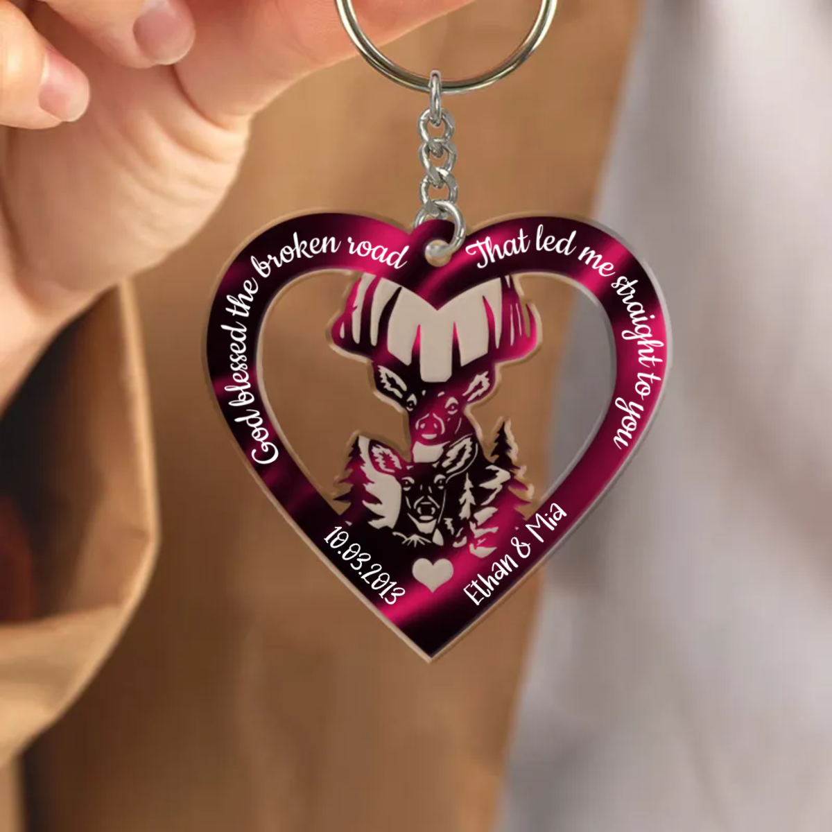 Hologram Heart With Buck And Doe Custom Acrylic Keychain, Personalized Valentine's Day Gift for Him For Her KO0087