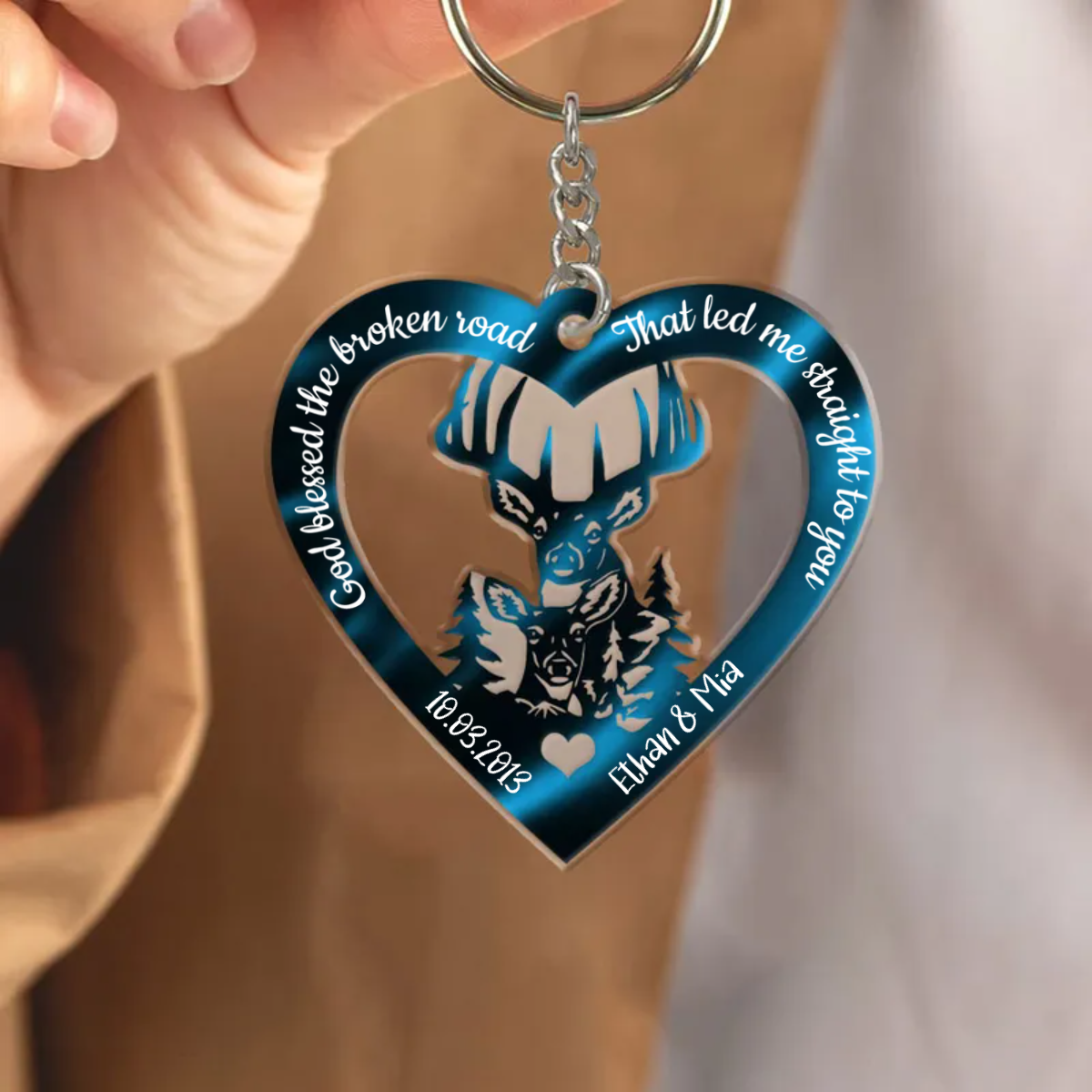 Hologram Heart With Buck And Doe Custom Acrylic Keychain, Personalized Valentine's Day Gift for Him For Her KO0087