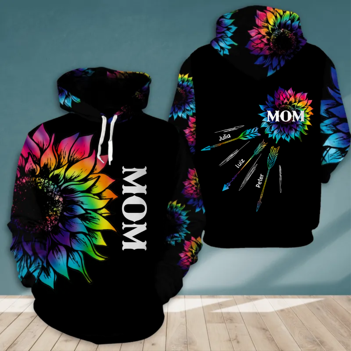 Personalized Grandma with Kid Name Tie Dye Sunflower Hoodie, 3D All Over Print Custom Mom And Kids Name Hoodie SO1514