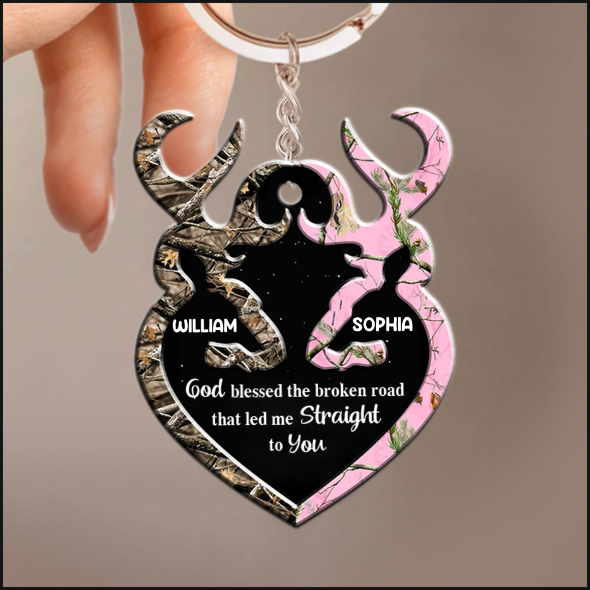 Buck And Doe Heart, God Blessed The Broken Road Personalized Acrylic Keychain, Couple Keychain KO0142