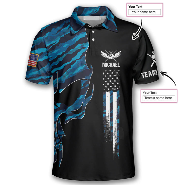 Skull Blue Camouflage Custom Billiard Shirts for Men, Men's Billiard Polo Shirts, Custom Billiard ball for Team SO1044