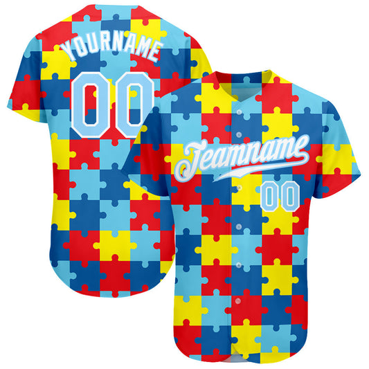 Custom Autism Awareness Puzzle Pieces Light Blue-White 3D Authentic Baseball Jersey SO0068