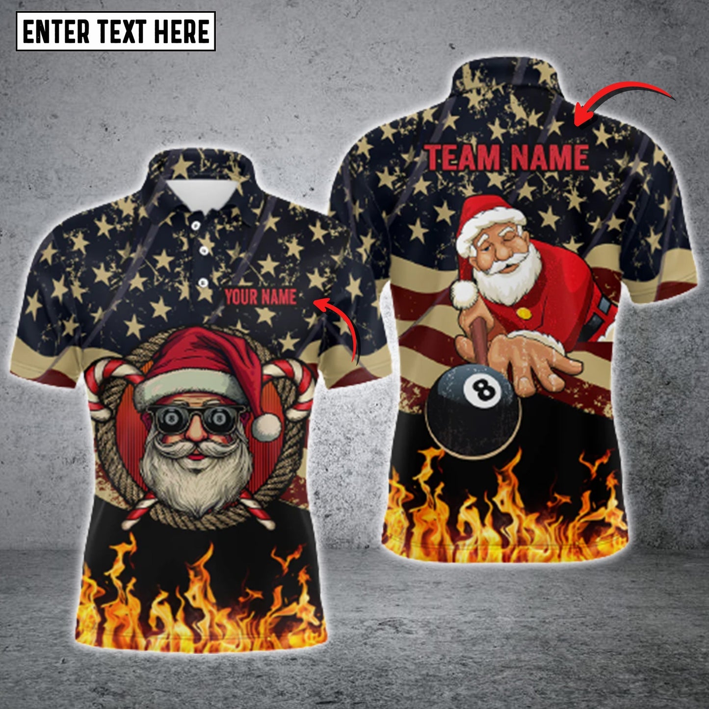 Tendpins Funny Christmas Santa And Billiard USA Flag Fire Personalized Name 3D Shirt BIA0356