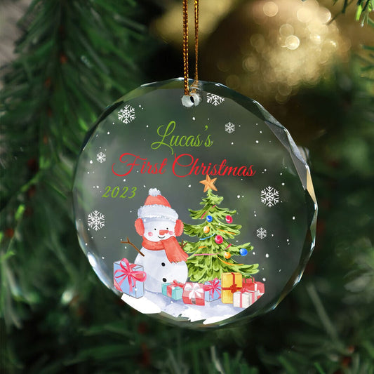 Personalized Snowman First Christmas Ornament, Pine Tree Glass Ornament For New Mom Dad Newborn Infant, Christmas Ornament OA0017