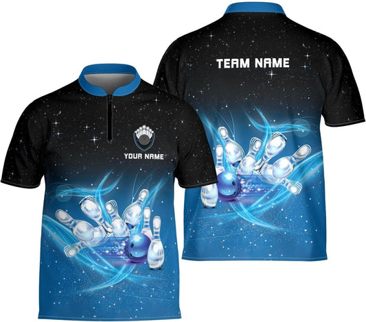 Custom Black And Blue Team Bowling Jersey Shirt For Men Women, Custom Bowling Shirt BE0024