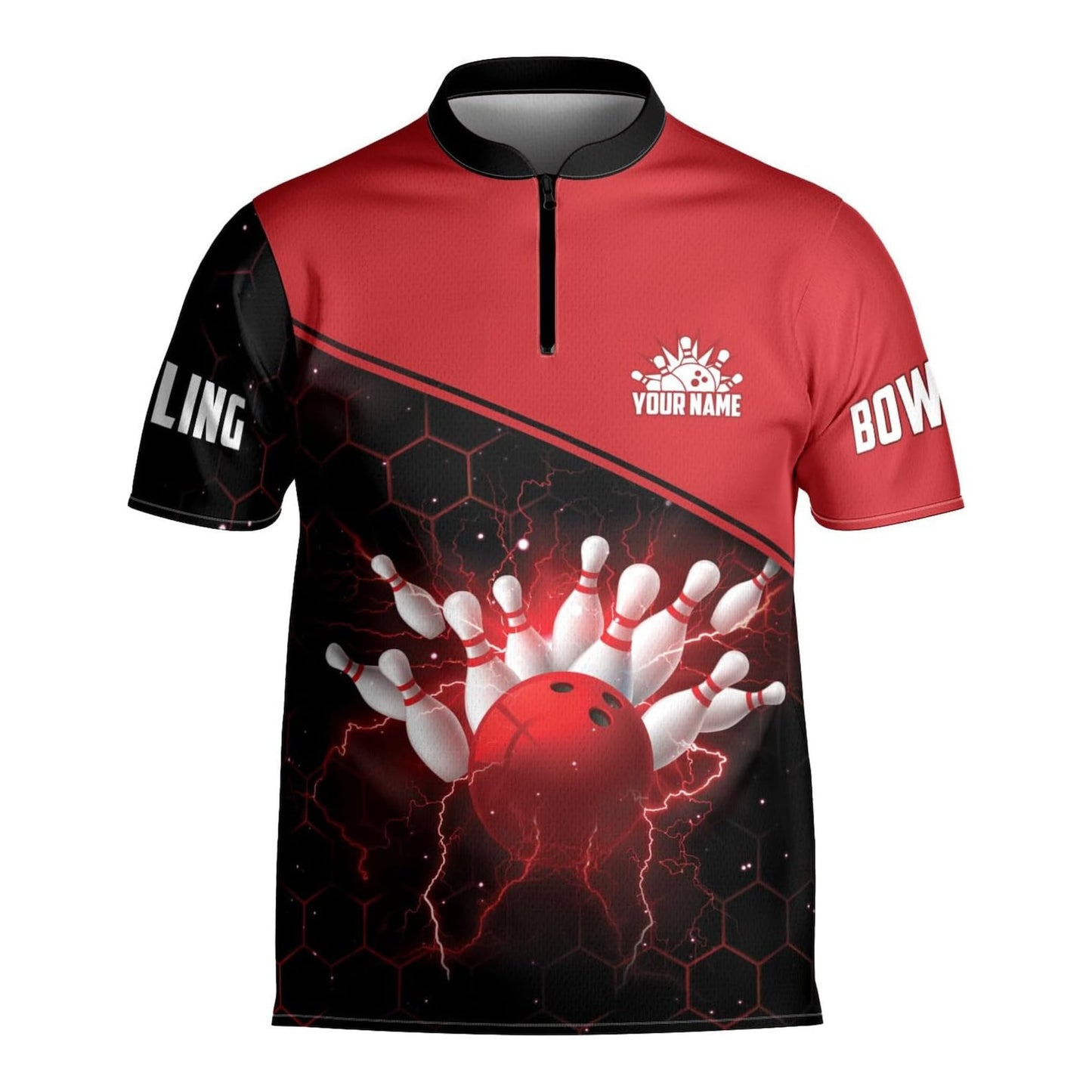 Custom Team Black And Red Bowling Ball And Pins Jersey Shirt For Men, Custom Team Bowling Shirt BE0013