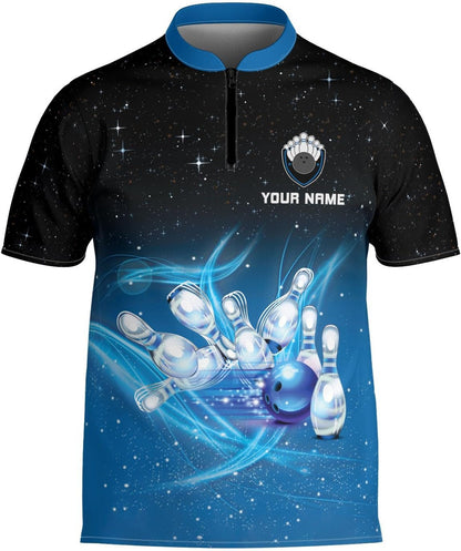 Custom Black And Blue Team Bowling Jersey Shirt For Men Women, Custom Bowling Shirt BE0024