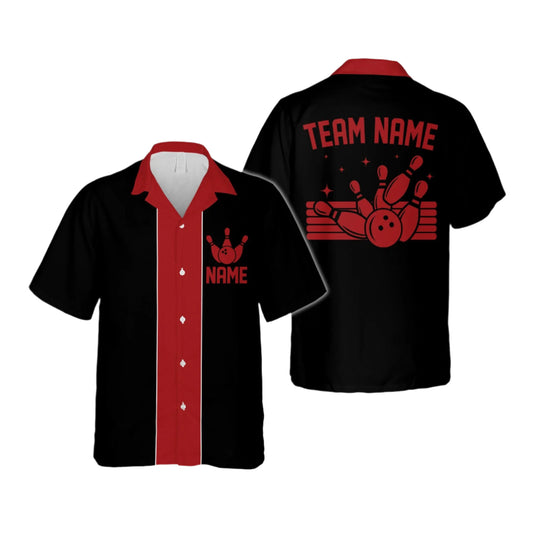 Custom Vintage Bowling Hawaiian Shirt For Men, Custom Black And Red Vintage Bowling Team Shirt BE0011