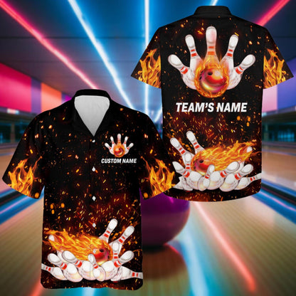 Custom Flame Bowling Hawaiian Shirt For Men, Custom Flame Bowling Team Shirts BZ0139