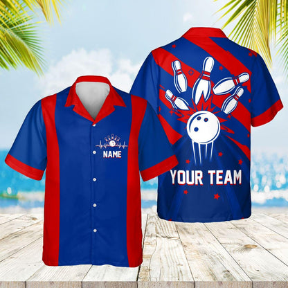 Custom Retro Bowling Hawaiian Shirts For Men And Women, Custom Blue Bowling Team Shirts BE0022