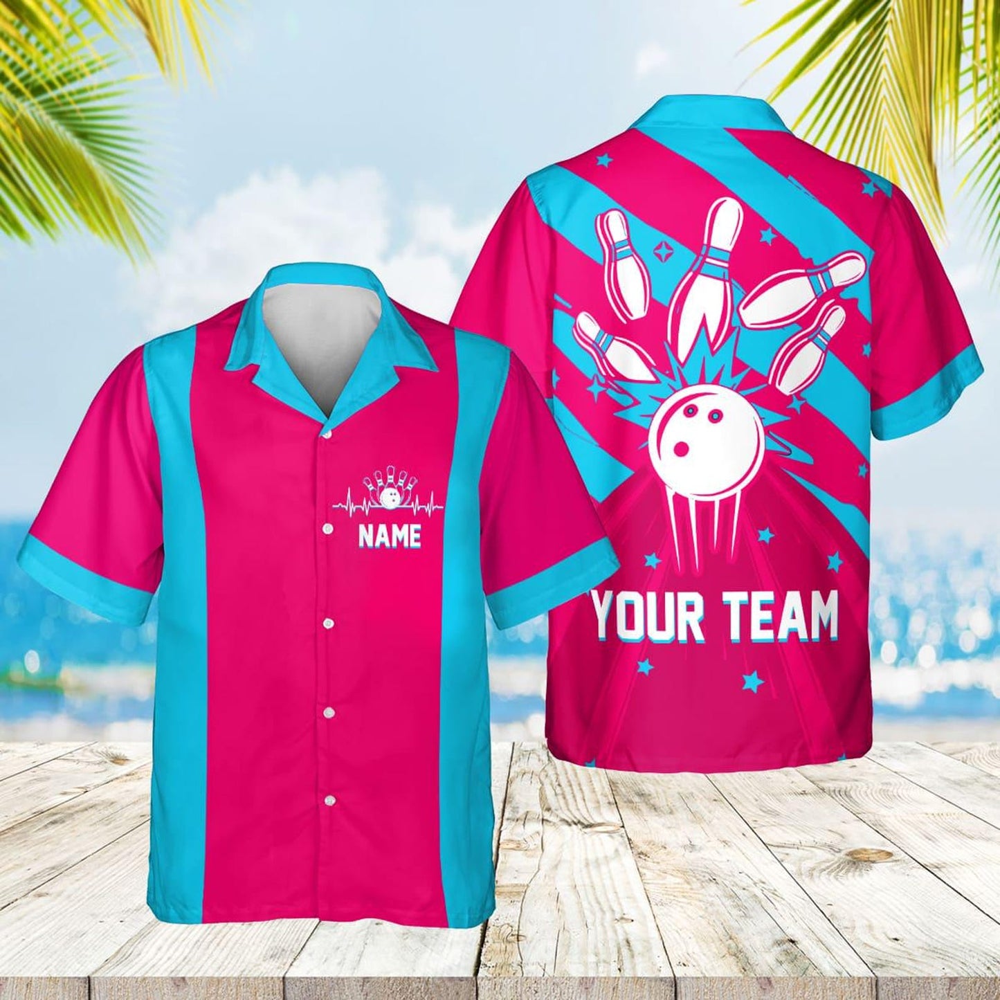 Custom Retro Bowling Hawaiian Shirts For Men And Women, Custom Blue Bowling Team Shirts BE0022