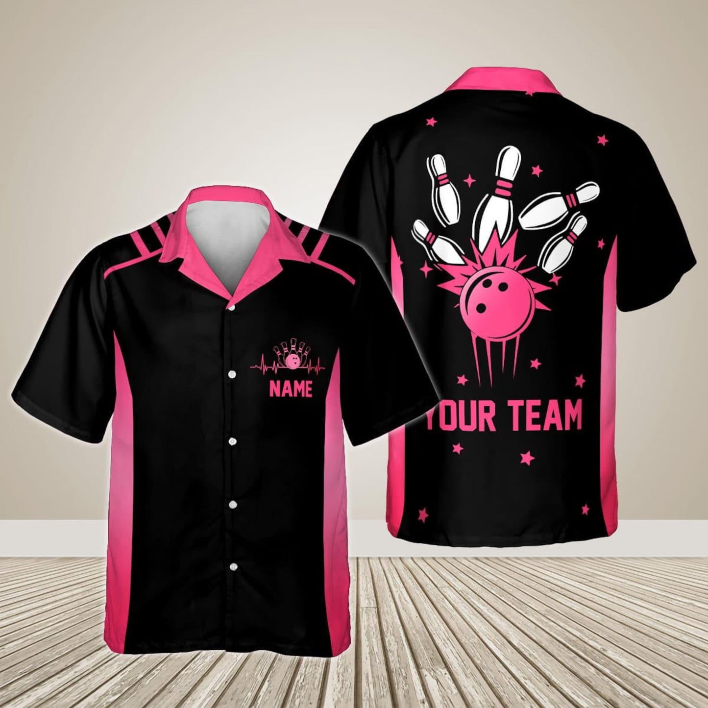 Custom Team Black And Blue Bowling Hawaiian Shirt For Men Women, Custom Bowling Shirt BE0017