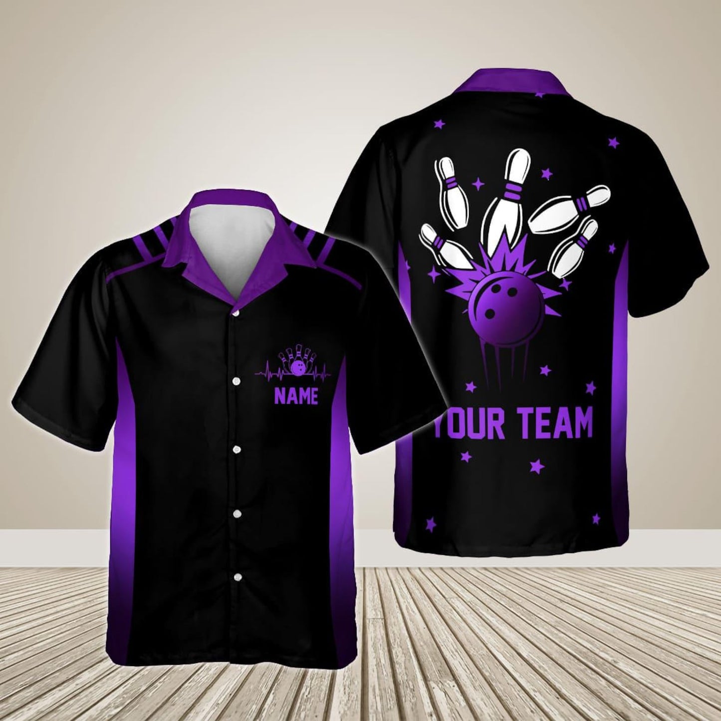 Custom Team Black And Blue Bowling Hawaiian Shirt For Men Women, Custom Bowling Shirt BE0017