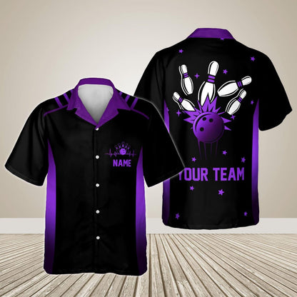 Custom Team Black And Blue Bowling Hawaiian Shirt For Men Women, Custom Bowling Shirt BE0017