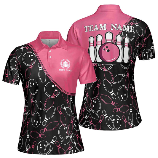 Custom Team Pink And Black Bowling Polo Shirt For Women, Custom Bowling Shirt BE0001